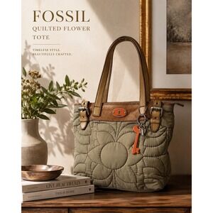 Fossil Quilted Flower Key-Per Tote Bag Beige Tan Leather Key Charm Y2K